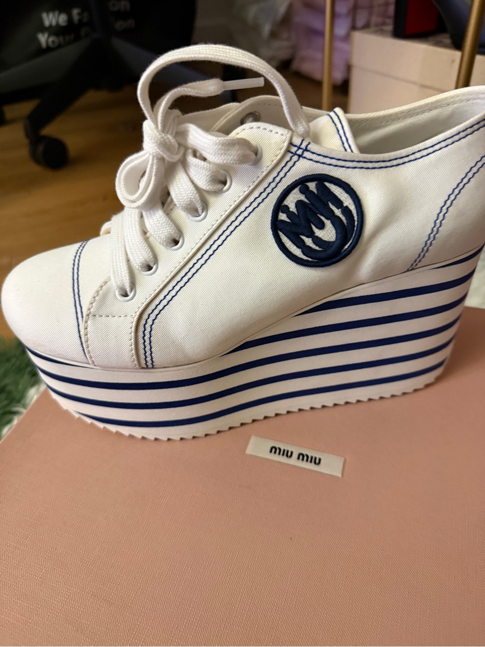 Miu Miu White Canvas Platform Sneakers with Navy Stripes